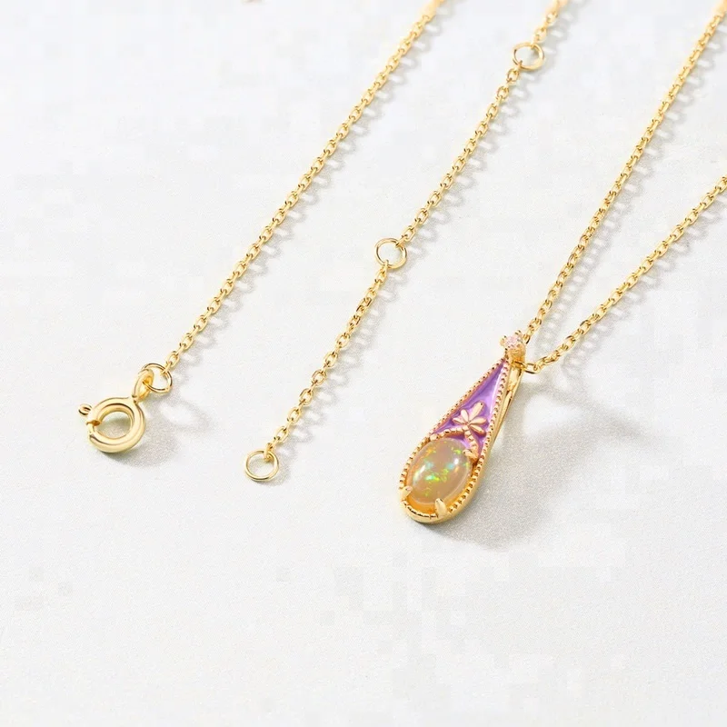 JewelyKing S925 Sterling Silver Enamel Gold Teardrop Opal Pendant Necklace JKNS0140