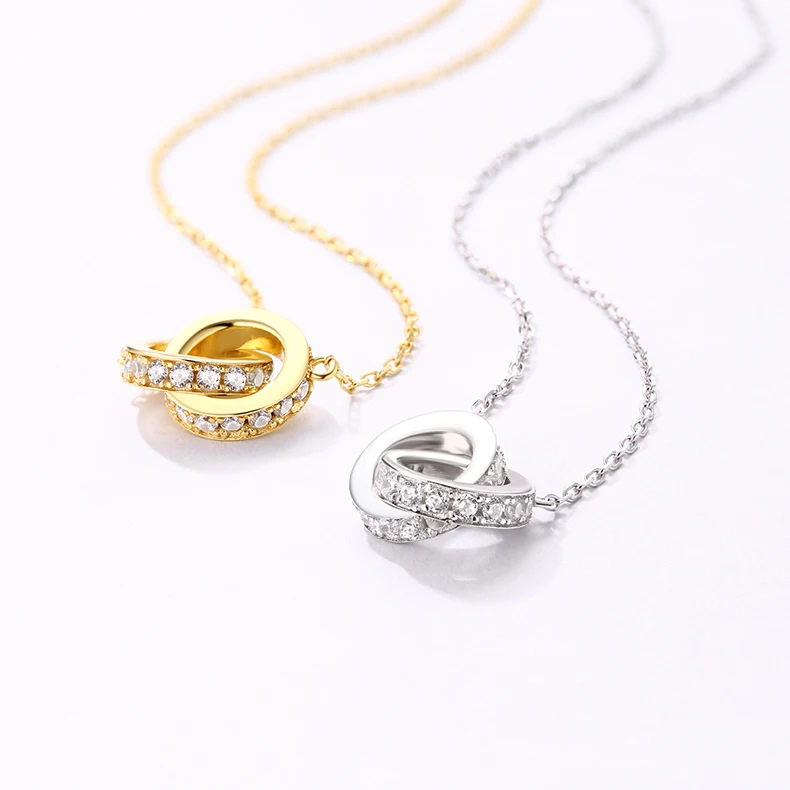 JewelyKing S925 Sterling Silver Interlocking Circle White CZ Pendant Necklace JKNS0164