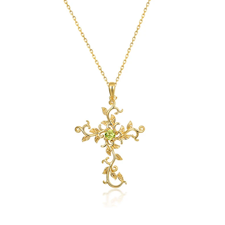 JewelyKing S925 Sterling Silver Religious Leaf Vine Peridot Gold Cross Pendant Necklace JKNS0181