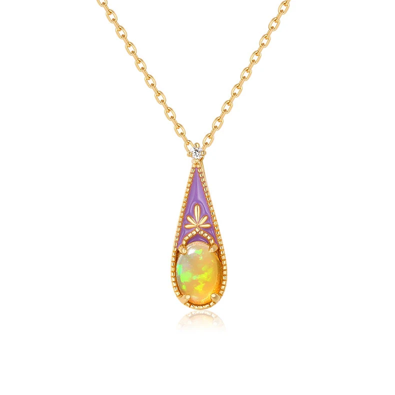 JewelyKing S925 Sterling Silver Enamel Gold Teardrop Opal Pendant Necklace JKNS0140