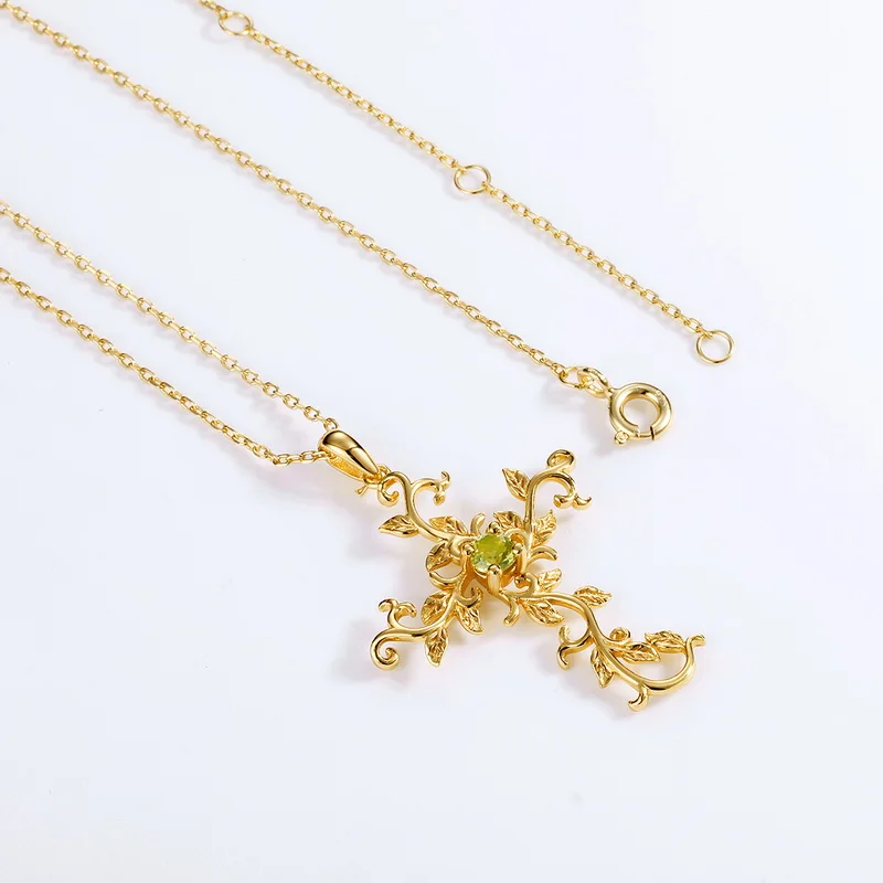 JewelyKing S925 Sterling Silver Religious Leaf Vine Peridot Gold Cross Pendant Necklace JKNS0181