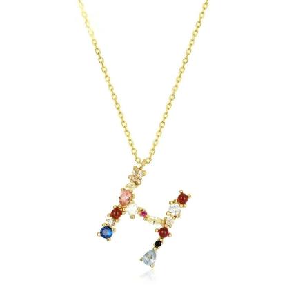JewelyKing S925 Silver Gold Plated Rainbow Initial Letter Zircon Pendant Chain Necklace