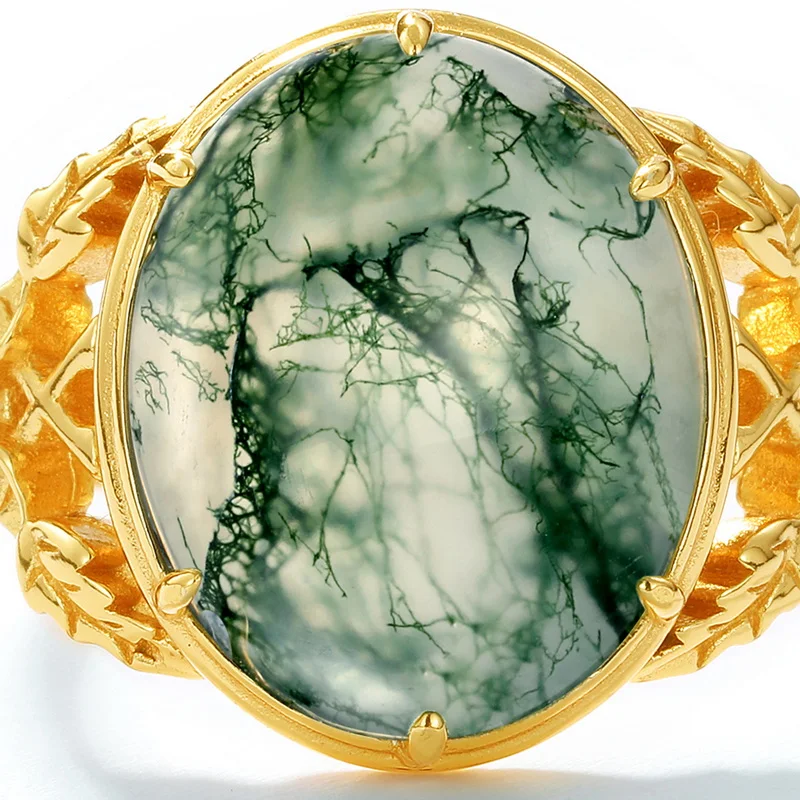 JewelyKing S925 Sterling Silver Natural Green Gemstone Diamond Moss Agate Ring JKRS0215