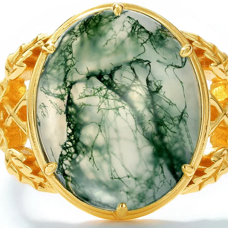 JewelyKing S925 Sterling Silver Natural Green Gemstone Diamond Moss Agate Ring JKRS0215