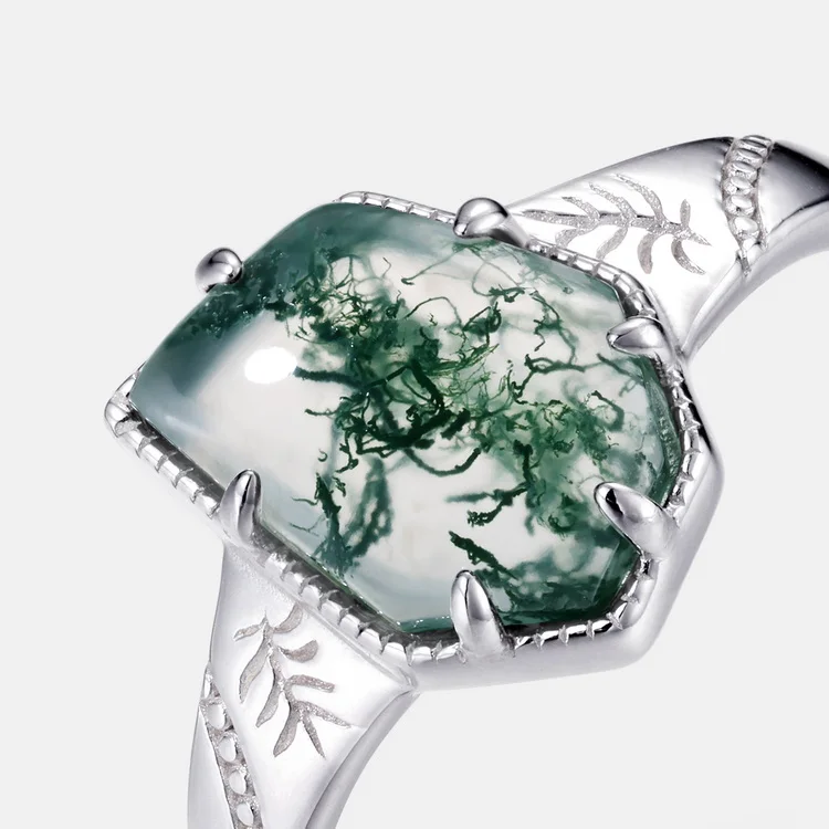 JewelyKing S925 Sterling Silver  Geometric Shape Green Moss Agate Rings JKRS0221