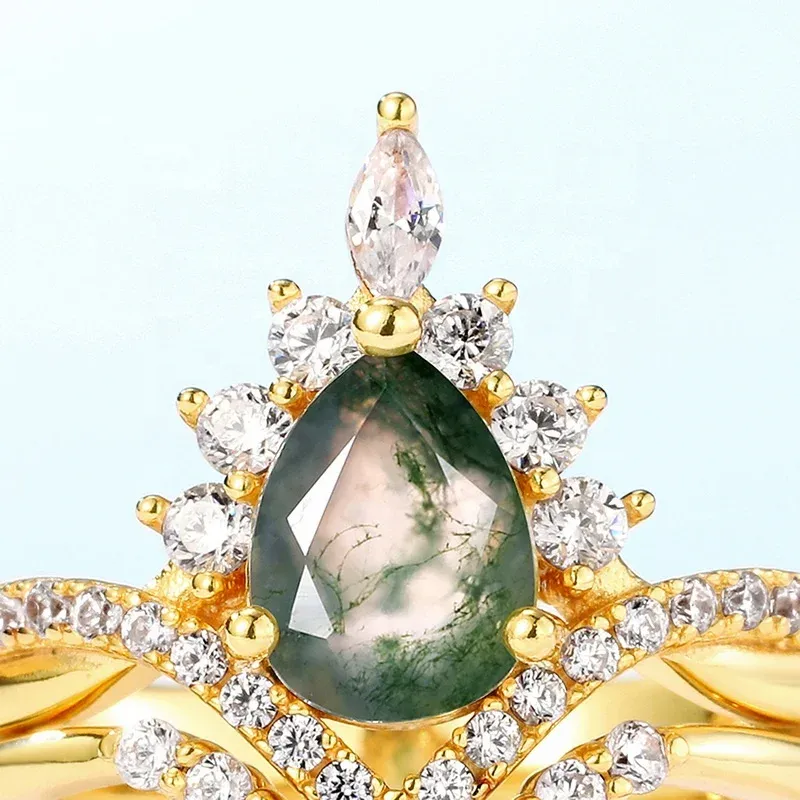 JewelyKing S925 Sterling Silver Luxurious Gold Filled Jewelry Twist Elegant Pear Shaped Natural Moss Agate Gemstone Ring JKRS0240
