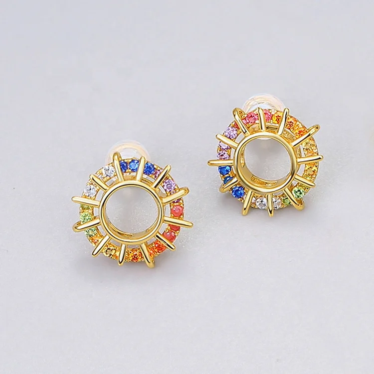 Gold Plated Sterling Silver Rainbow CZ Diamond Earrings Circle Minimalist Stud Earrings for Women Round Hollow Jewelry