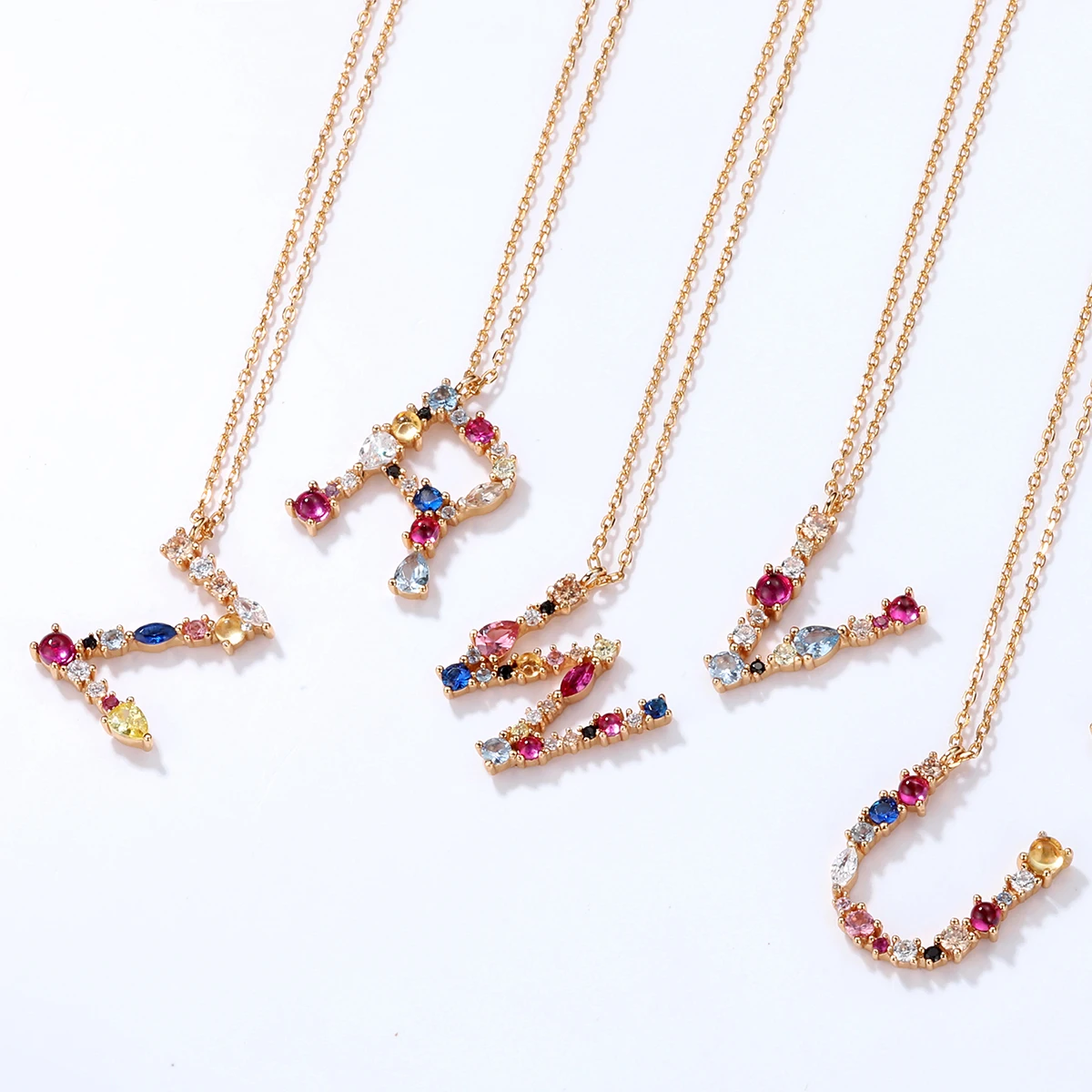 JewelyKing S925 Silver Gold Plated Rainbow Initial Letter Zircon Pendant Chain Necklace JKNS0133