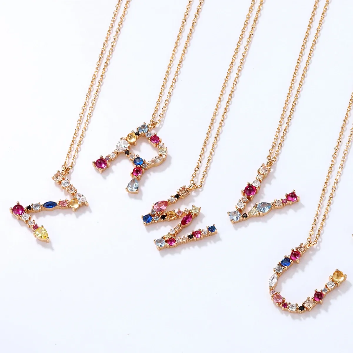 JewelyKing S925 Silver Gold Plated Rainbow Initial Letter Zircon Pendant Chain Necklace JKNS0133