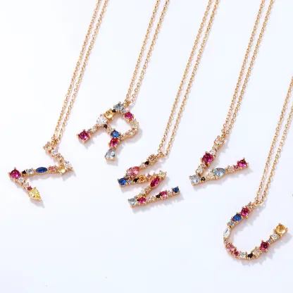 JewelyKing S925 Silver Gold Plated Rainbow Initial Letter Zircon Pendant Chain Necklace JKNS0133