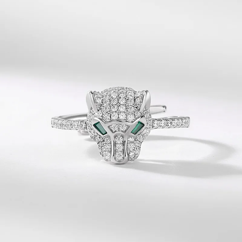 JewelyKing S925 Sterling Silver Panther Cubic Zirconia Green Spinel Jaguar Jewelry Animal Ring JKRS0259