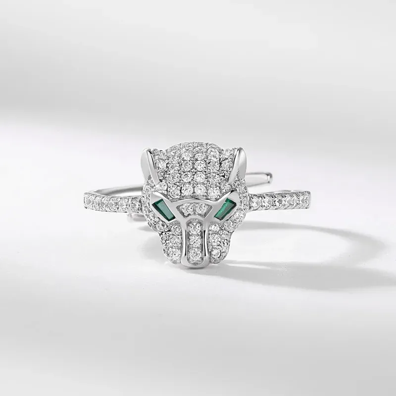 JewelyKing S925 Sterling Silver Panther Cubic Zirconia Green Spinel Jaguar Jewelry Animal Ring JKRS0259