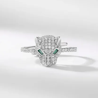 JewelyKing S925 Sterling Silver Panther Cubic Zirconia Green Spinel Jaguar Jewelry Animal Ring JKRS0259