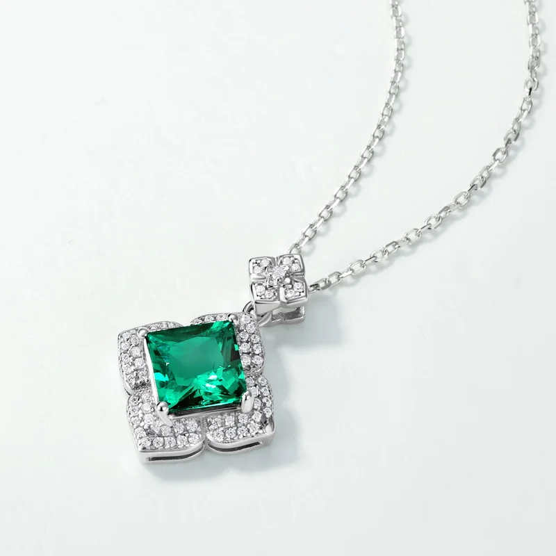 JewelyKing S925 Sterling Silver Lab Grown Emerald Geometric Design Cushion Cut Lab Cultured Necklace JKNS0024
