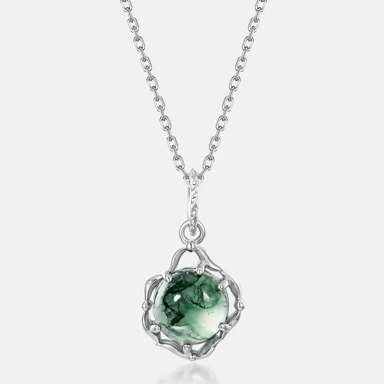 Jewelyking S925 Sterling Silver Green Moss Agate Round Shape Gemstone Cute Pendant Necklace JKNS0102