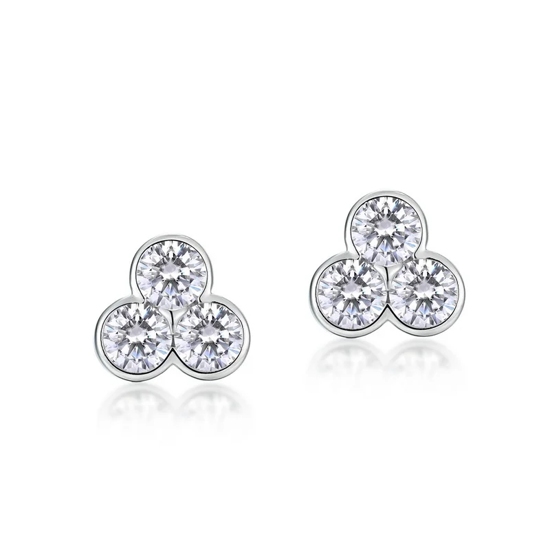JewelyKing S925 Sterling Silver D Color VVS1 Moissanite Three Stone Cluster Bezel Set Stud Earrings JKES0016