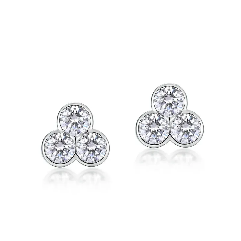 JewelyKing S925 Sterling Silver D Color VVS1 Moissanite Three Stone Cluster Bezel Set Stud Earrings JKES0016