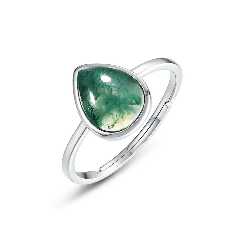 JewelyKing S925 Silver Oval Stone Cabochon  Gothic Natural Moss Agate Adjustable Ring JKRS0145