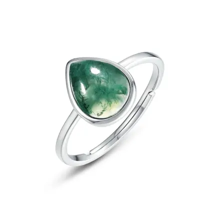 JewelyKing S925 Silver Oval Stone Cabochon  Gothic Natural Moss Agate Adjustable Ring JKRS0145