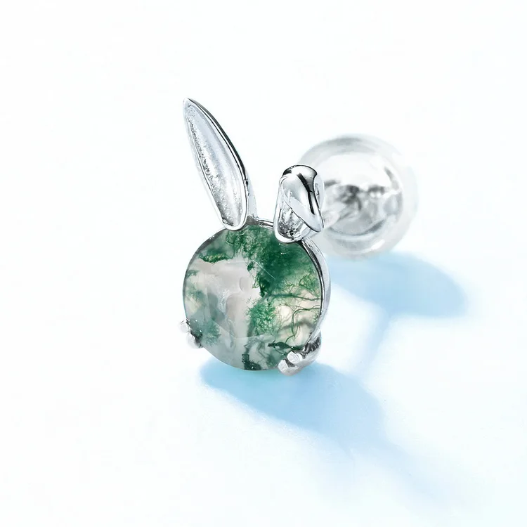 Jewelyking S925 Sterling Silver Moss Agate Cute Animals Rabit Earrings Stud JKES0075