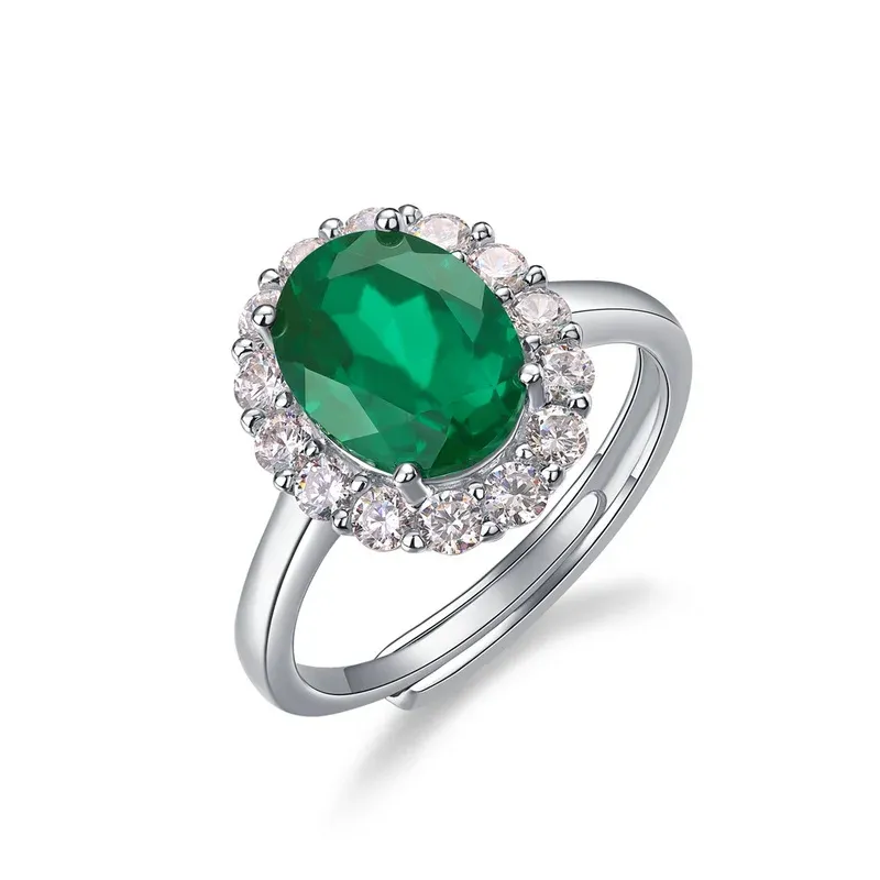 S925 Sterling Silver Oval Cut Lab Grown Emerald Halo Adjustable Ring for Women