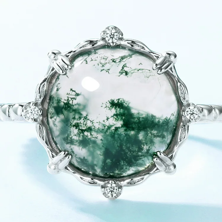 JewelyKing S925 Silver Gemstone Men Luxury Big Gemstone Natural Moss Agate Retro Ring JKRS0204