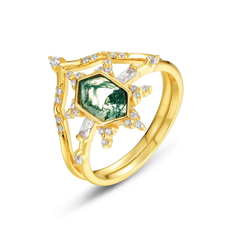 JewelyKing Natural 18K Gold Moss Agate Engagement Kite Shape Stone  Vintage Bridal Moissanite Ring JKRS0161
