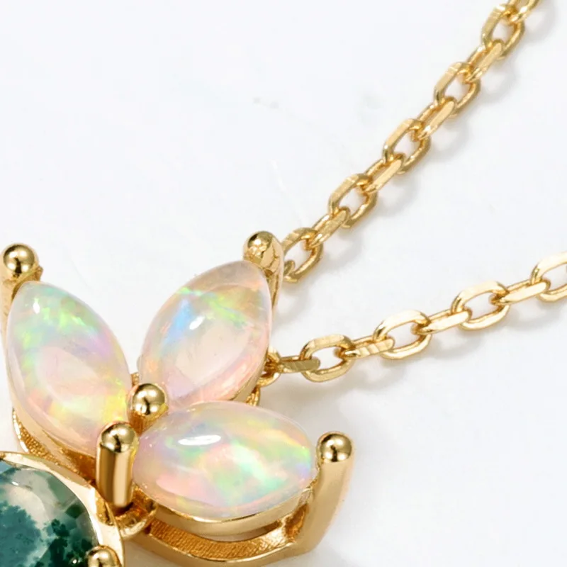 JewelyKing S925 Sterling Silver Green Moss Agate 14K Gold Plated Opal Accent Oval Cut Dainty Chain Necklace JKNS0030