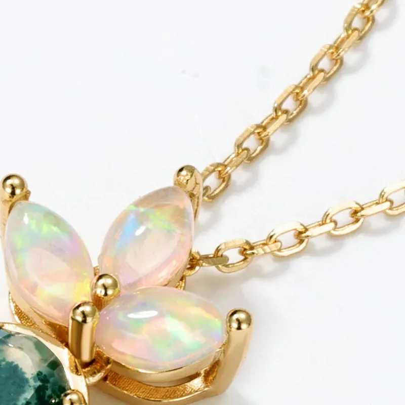 JewelyKing S925 Sterling Silver Green Moss Agate 14K Gold Plated Opal Accent Oval Cut Dainty Chain Necklace JKNS0030