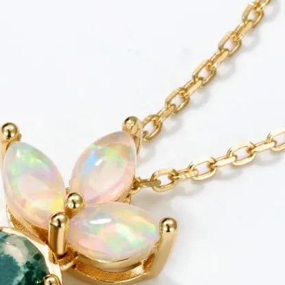JewelyKing S925 Sterling Silver Green Moss Agate 14K Gold Plated Opal Accent Oval Cut Dainty Chain Necklace JKNS0030