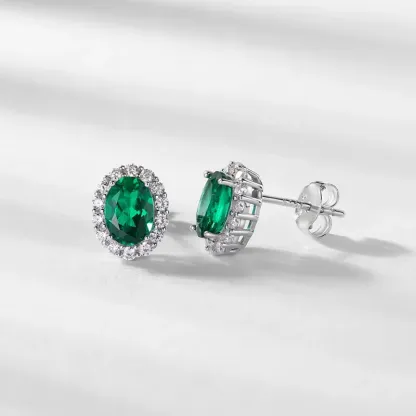 Retro Oval Lab Grow Emerald Earrings S925 Sterling Silver Full Colored Gemstone Light Luxury Jewelry for Women