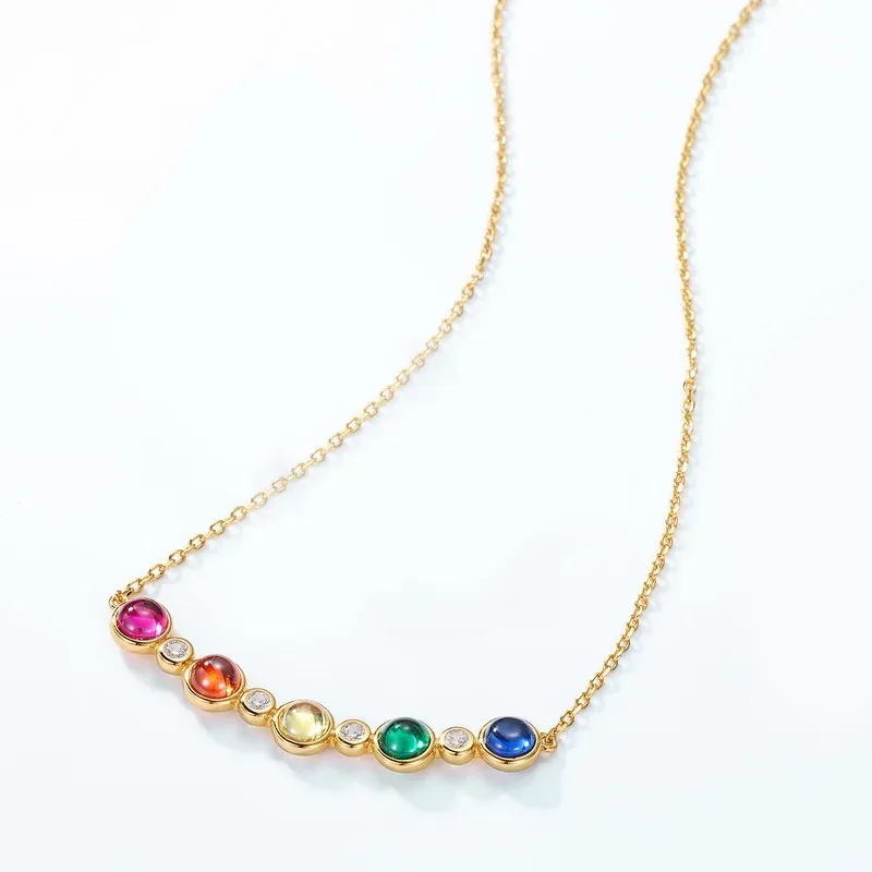 18k Gold Plated925 Sterling Silver Rainbow Colorful Round Pendant Necklace Link Chain for Women Wedding Statement Jewelry Charms