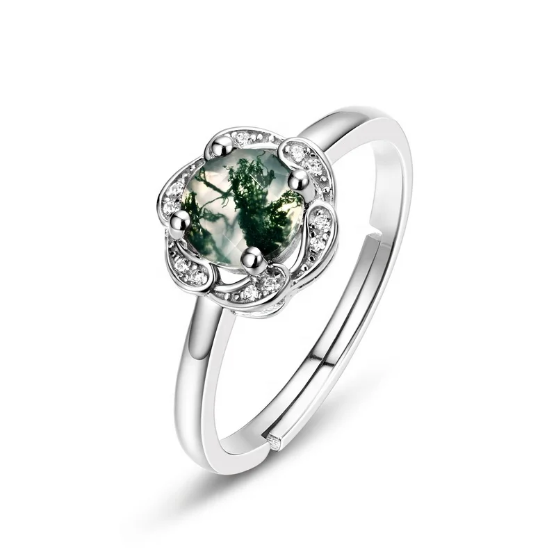 JewelyKing S925 Sterling Silver Natural Moss Agate Ring Cubic Zircon Engagement Ring JKRS0147