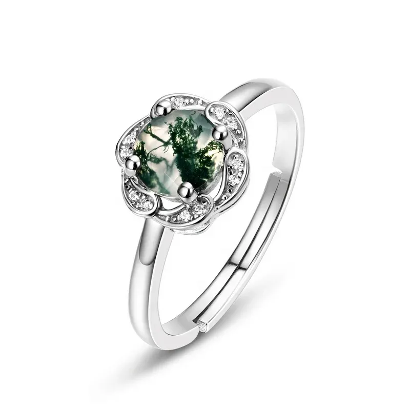JewelyKing S925 Sterling Silver Natural Moss Agate Ring Cubic Zircon Engagement Ring JKRS0147