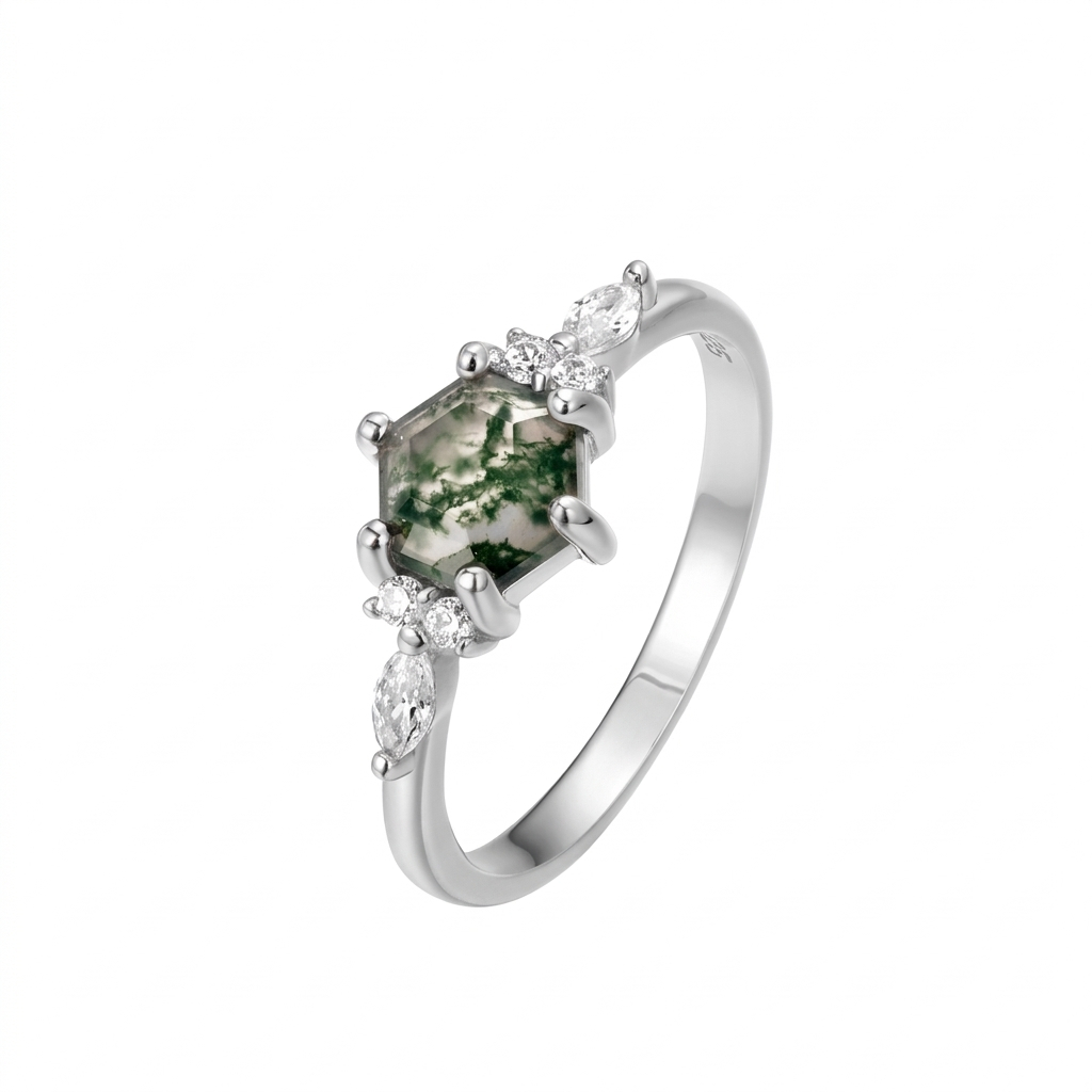 JewelyKing S925 Sterling Silver Zircon CZ Gold Filled Rhombus Shaped Natural Moss Agate Gemstone Ring JKRS0226