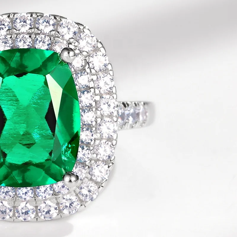 Wholesale 925 Sterling Silver Gemstone Simple Jewelry Crystals Healing Stones Cubic Zirconia Ring Lab Made Emerald Rings