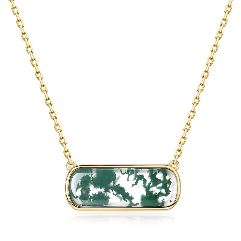 Jewelyking S925 Sterling Silver 18K Gold Plated Green Moss Agate Bar Pendant Necklace JKNS0101