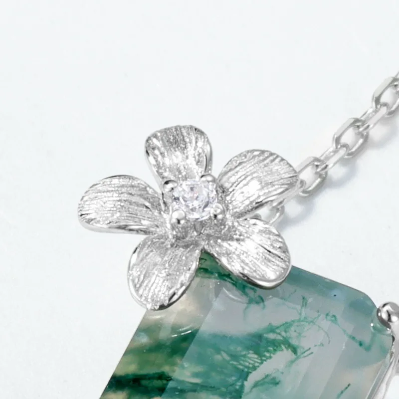 JewelyKing S925 Sterling Silver Green Moss Agate  Flower Accent Rectangular Cut Gemstone Dainty Chain Necklace JKNS0027