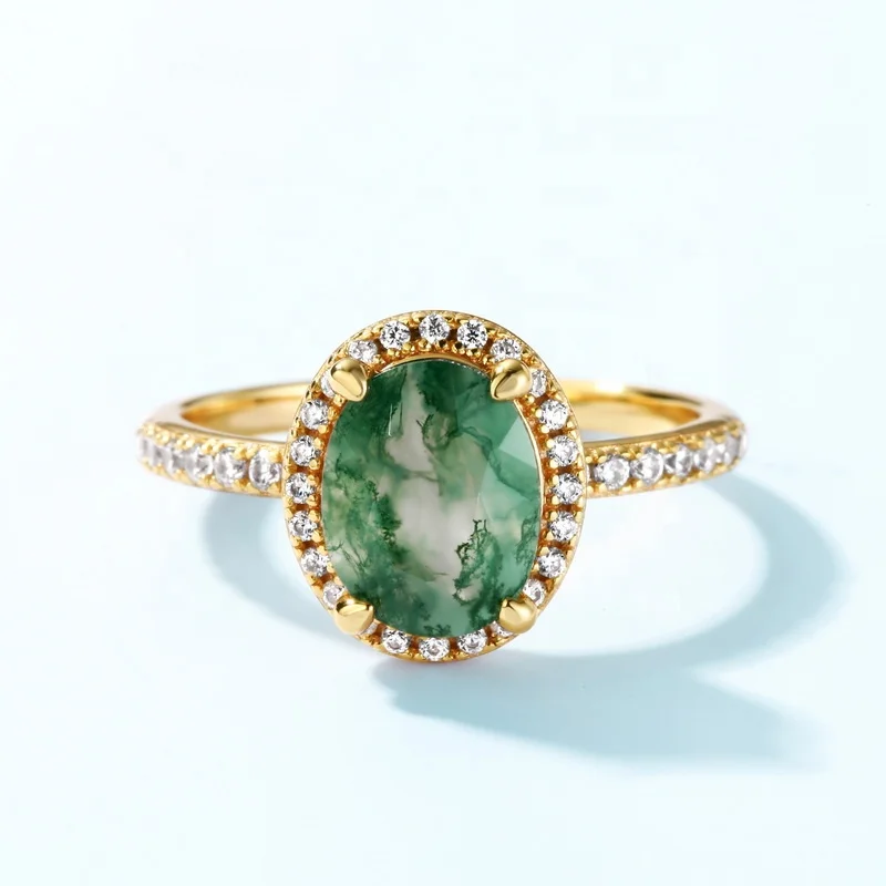 JewelyKing S925 Sterling Silver Oval Natural Green Moss Agate Dainty Gold Plated Aquatic Agate CZ Diamond Wedding Ring JKRS0230
