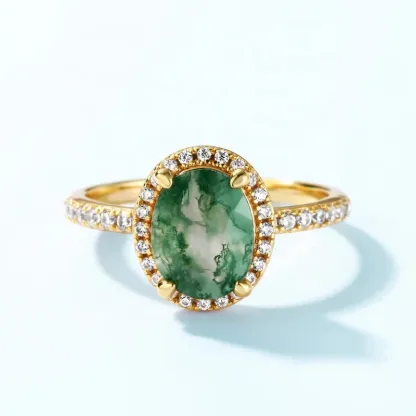 JewelyKing S925 Sterling Silver Oval Natural Green Moss Agate Dainty Gold Plated Aquatic Agate CZ Diamond Wedding Ring JKRS0230