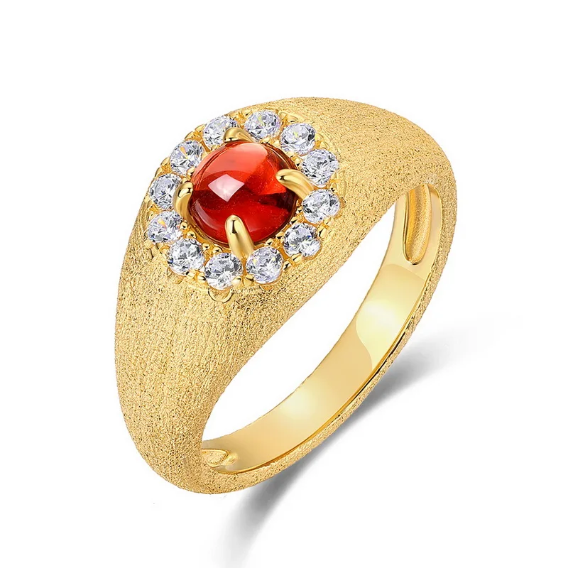 Jewelyking Italian Brushed Red Garnet Ring 14K Gold High End Retro Index Finger Jewelry Ring JKRS0101