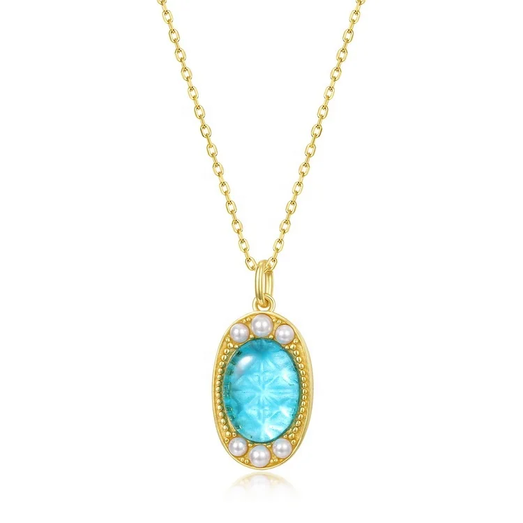 JewelyKing S925 Sterling Silver Vintage Ladies Gold Plated Synthetic Blue Crystal Pendant JKNS0189