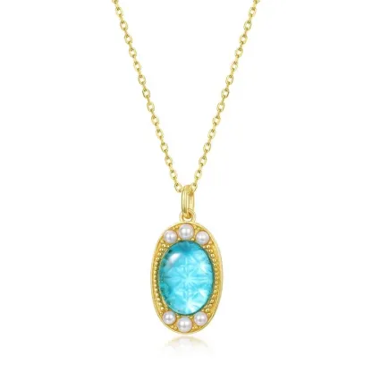 JewelyKing S925 Sterling Silver Vintage Ladies Gold Plated Synthetic Blue Crystal Pendant JKNS0189