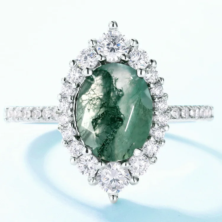 JewelyKing S925 Sterling Silver White Gold Plated New Green Moss Agate Gemstone Retro Cocktail Ring JKRS0138