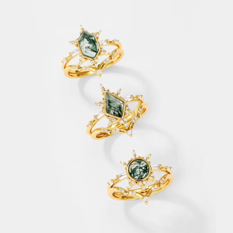 JewelyKing S925 Sterling Silver 14K Gold Moss Agate Rhombus Kite Cut Natural Gemstone Elegant Ring  JKRS0195