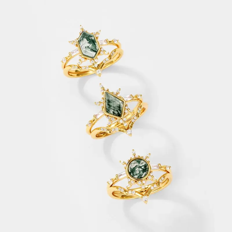 JewelyKing S925 Sterling Silver 14K Gold Moss Agate Rhombus Kite Cut Natural Gemstone Elegant Ring  JKRS0195