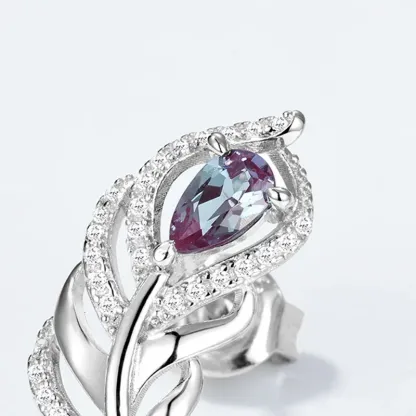 JewelyKing S925 Silver Unique French Feather Earrings Lab Grown Alexandrite  Party Wedding Earrings JNES0006