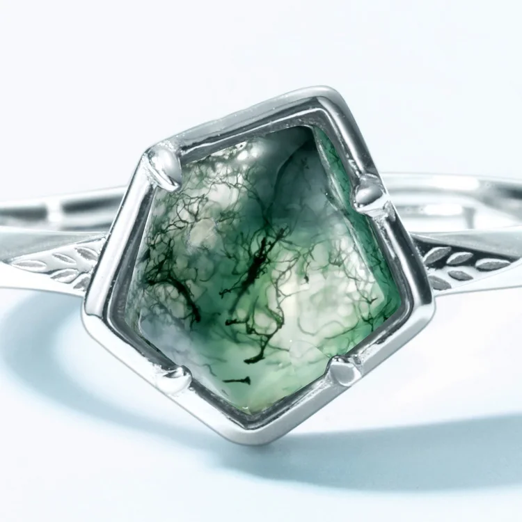 JewelyKing S925 Silver Cute Moss Agat Brand Real Moss Agate Ring JKRS0153