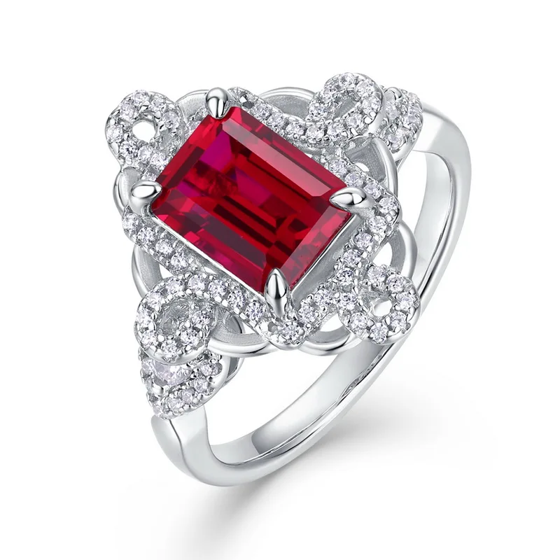 JewelyKing S925 Sterling Silver Emerald Lab Grown Ruby Halo Vintage Cocktail Ring JKRS0254