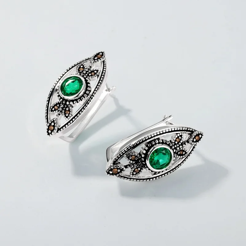 Panyu Factory 925 Sterling Silver Plated Gemstone Vintage Lab Emerald Hollow Leaf Earrings
